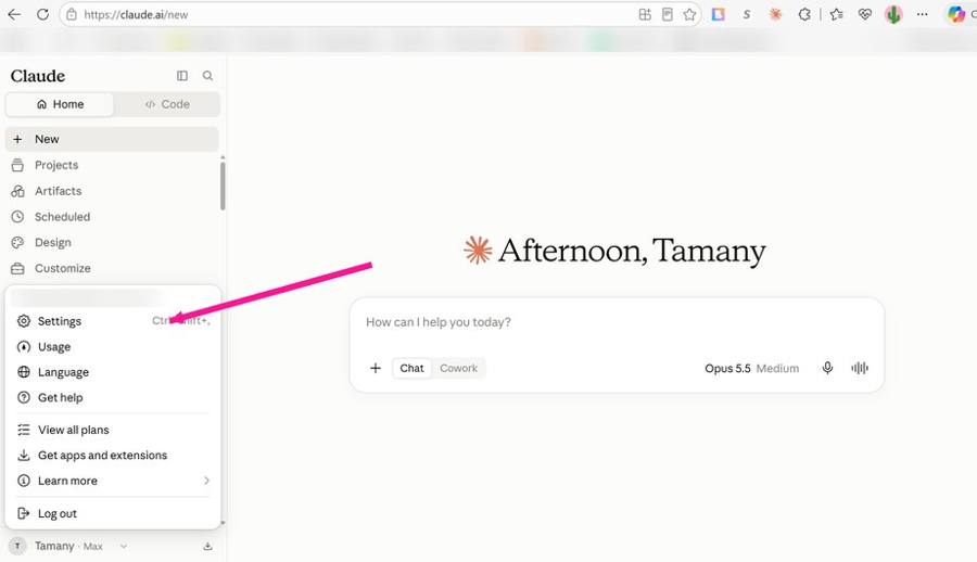 The menu that opens when you click your name. Settings is at the top.