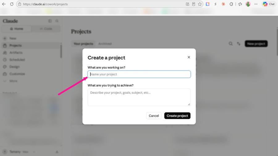 The Create a project popup. Name goes in the first box.