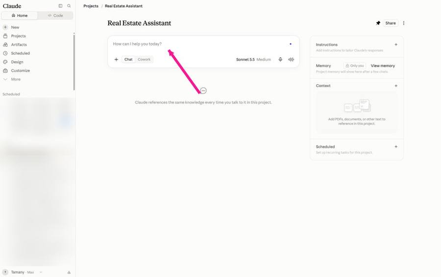The chat box inside your Project. Type here.