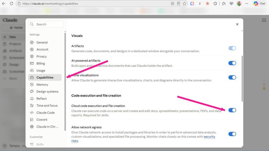 Capabilities, with Cloud code execution and file creation turned on.