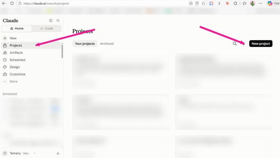 Projects page. New project is the black button, top right.