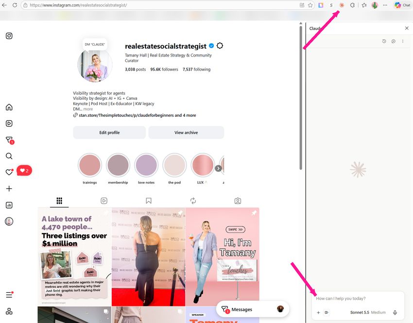 Your Instagram profile with the Claude side panel open. The icon is in the toolbar, the box is at the bottom of the panel.